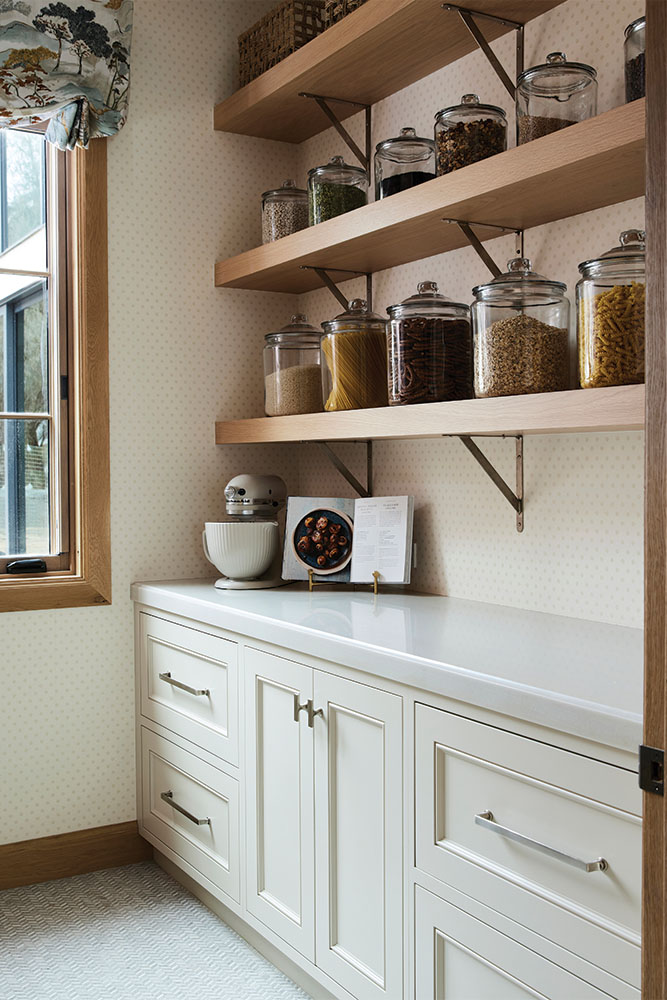 Pantry Wallpaper, Butler Pantry Inspiration, Pantry Shelves, Interior Design, Park City Interior Designer, Park City Interior Design Firm, Jennifer Chipman, Bond Design Company